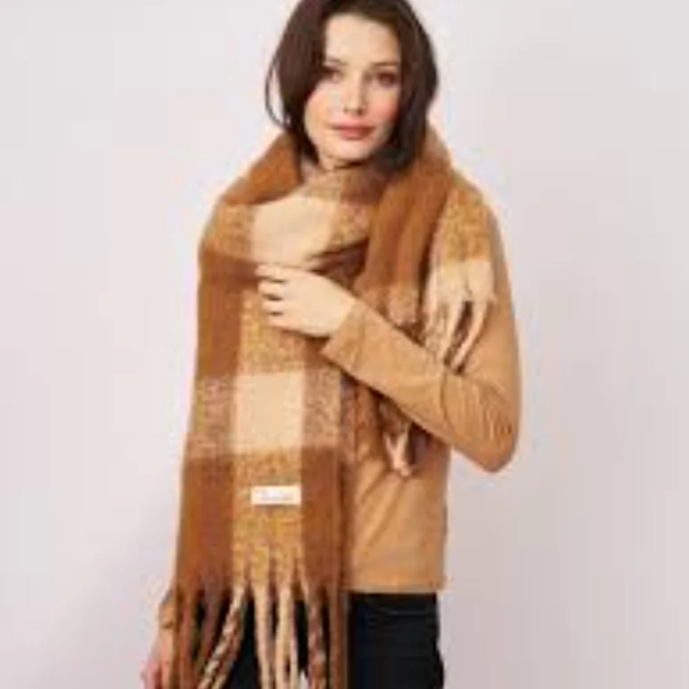 Steve Madden Plaid Blanket Scarf | Oversized Cozy Wrap | Orange & Brown Tones